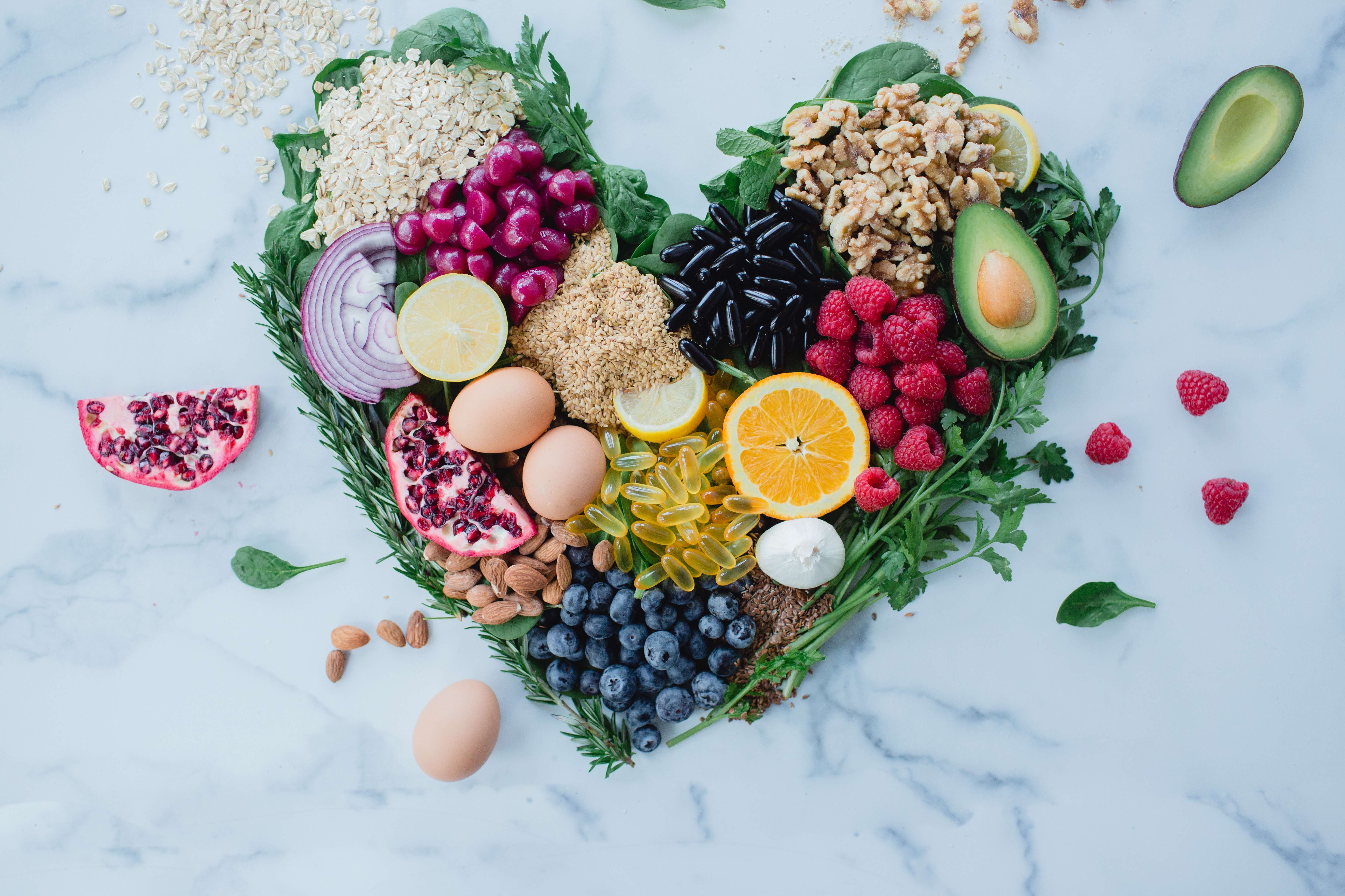 heart healthy fruit & veggies shaped in a heart